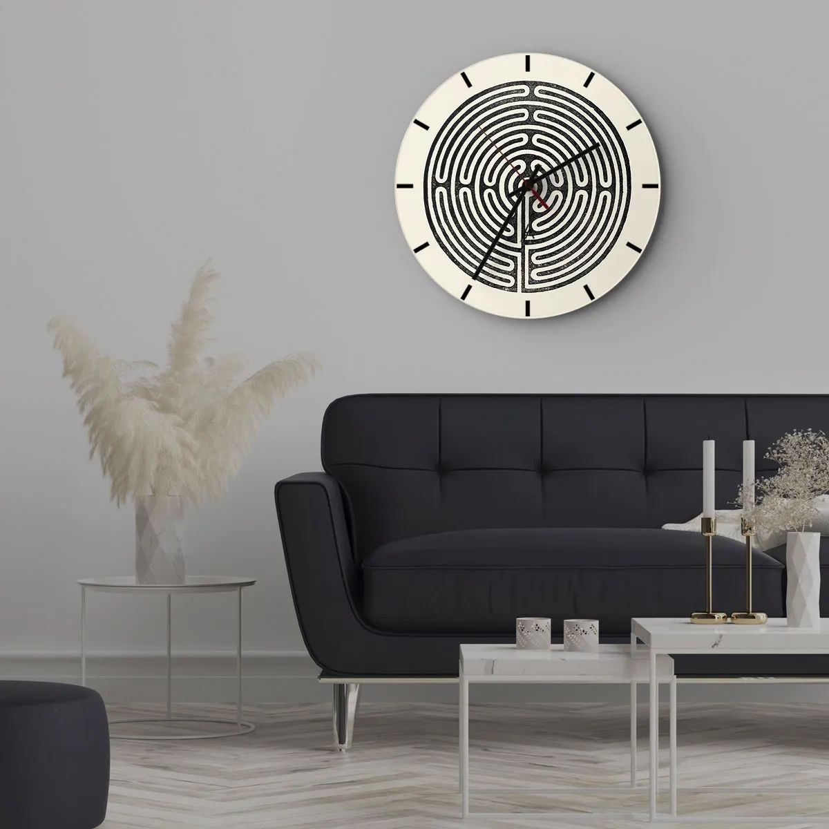 Wanduhr - Glasuhr - Ein schwarz-weißes Labyrinth mit geometrischem Grundriss auf hellem Hintergrund - 30x30cm - Geheimnisvolle Ordnung - Moderne Wanddekoration für Wohnzimmer, Küche und Schlafzimmer ARTTOR
