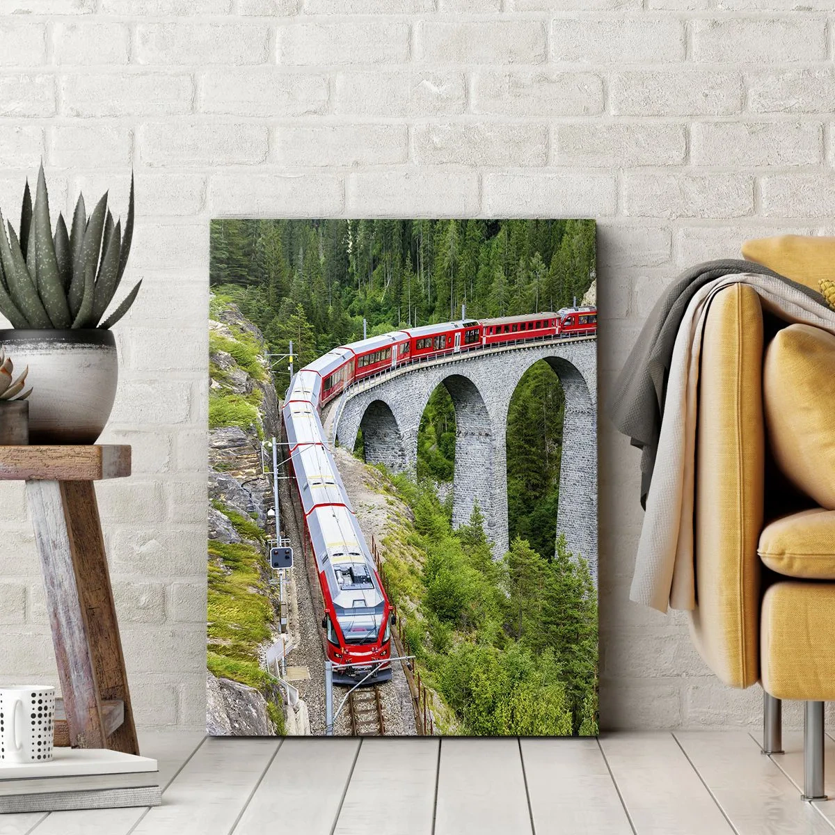 Bild auf Leinwand - Leinwandbild - Ein Zug auf einem malerischen Viadukt in einer Berglandschaft - 80x120cm - Eisenbahn für Bergblick - Moderne Wanddekoration für Wohnzimmer und Schlafzimmer ARTTOR