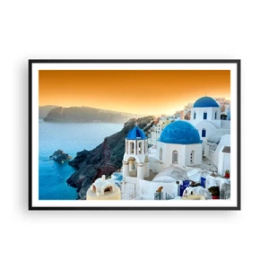 Poster in einem schwarzem Rahmen - Blick auf Santorini mit weißen Gebäuden und blauem Meer - 100x70cm - Santorini - an die Felsen gekuschelt - Moderne Wanddekoration für Wohnzimmer und Schlafzimmer ARTTOR