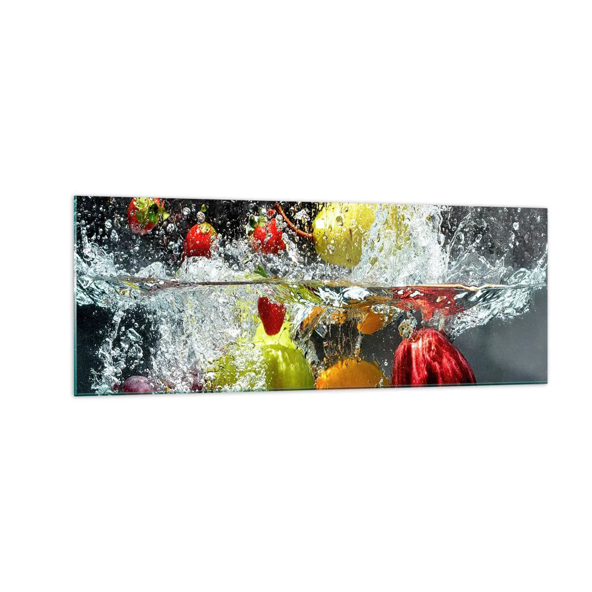 Glasbild - Bild auf glas - Bunte Früchte im Wasser bei dynamischer Immersion - 140x50cm - Fruchterfrischung - Moderne Wanddekoration für Wohnzimmer und Schlafzimmer ARTTOR