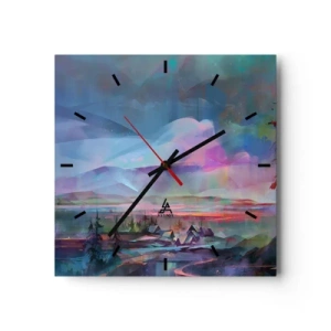 Wanduhr - Glasuhr - Berglandschaft mit buntem Himmel und einem Dorf - 30x30cm - Unter einem wohlwollenden Himmel - Moderne Wanddekoration für Wohnzimmer und Schlafzimmer ARTTOR