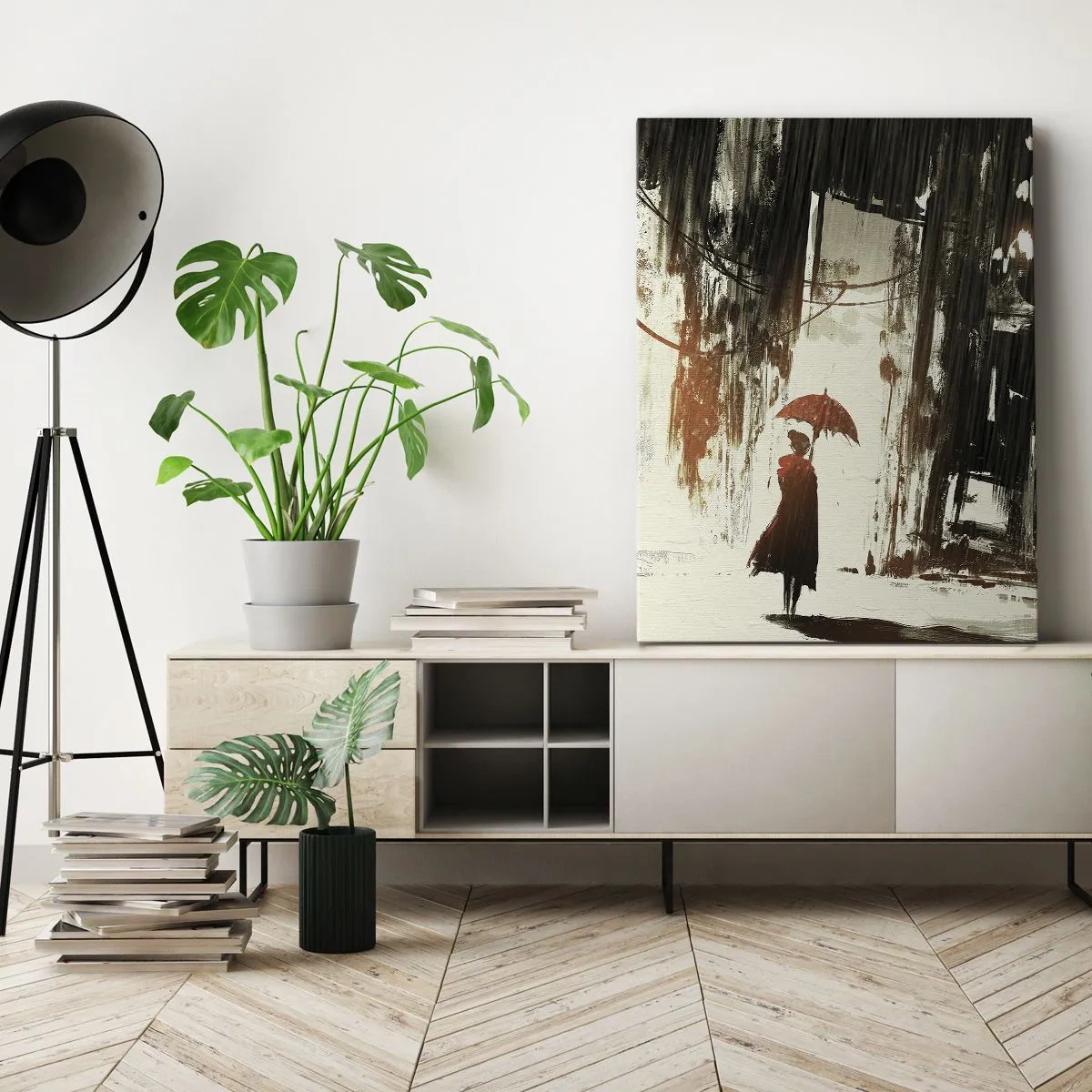 Bild auf Leinwand - Leinwandbild - Eine rote Figur mit einem Regenschirm in einer regnerischen Szene - 50x70cm - Die Poesie des roten Regenschirms - Moderne Wanddekoration für Wohnzimmer und Schlafzimmer ARTTOR