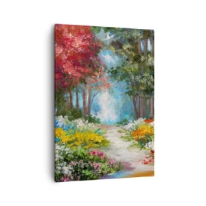Bild auf Leinwand - Leinwandbild - Ein malerischer Garten voller bunter Blumen und Bäume in einer Waldumgebung - 50x70cm - Waldgarten, Blumenwald - Moderne Wanddekoration für Wohnzimmer und Schlafzimmer ARTTOR