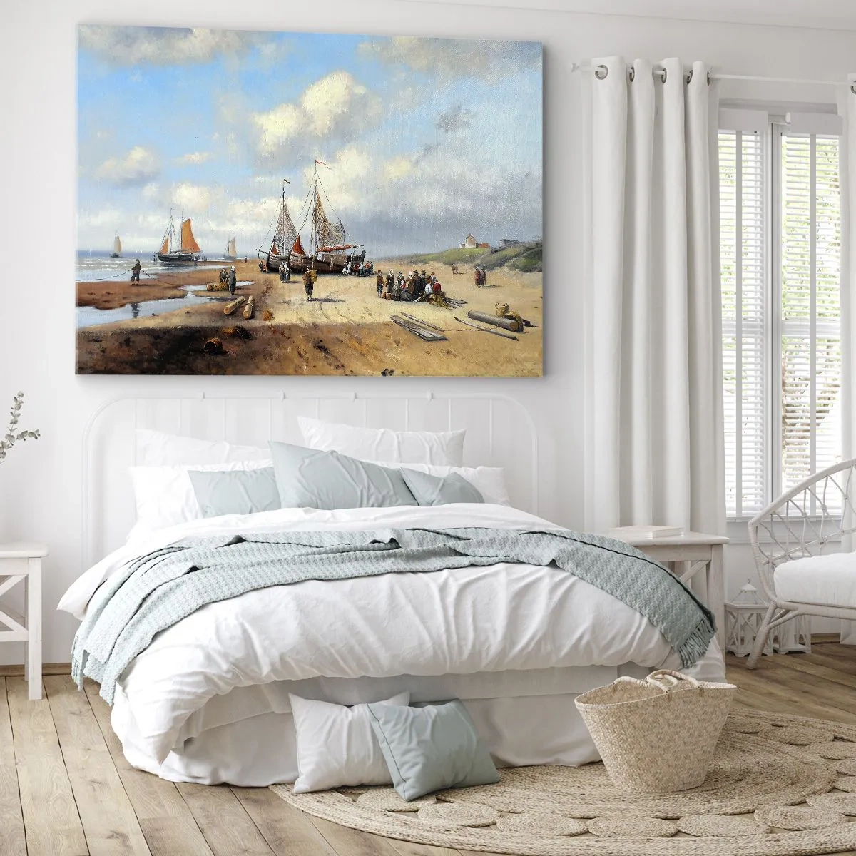 Bild auf Leinwand - Leinwandbild - Fischerboote am Strand mit menschlichen Figuren - 120x80cm - Nach einem erfolgreichen Fischfang - Moderne Wanddekoration für Wohnzimmer und Schlafzimmer ARTTOR