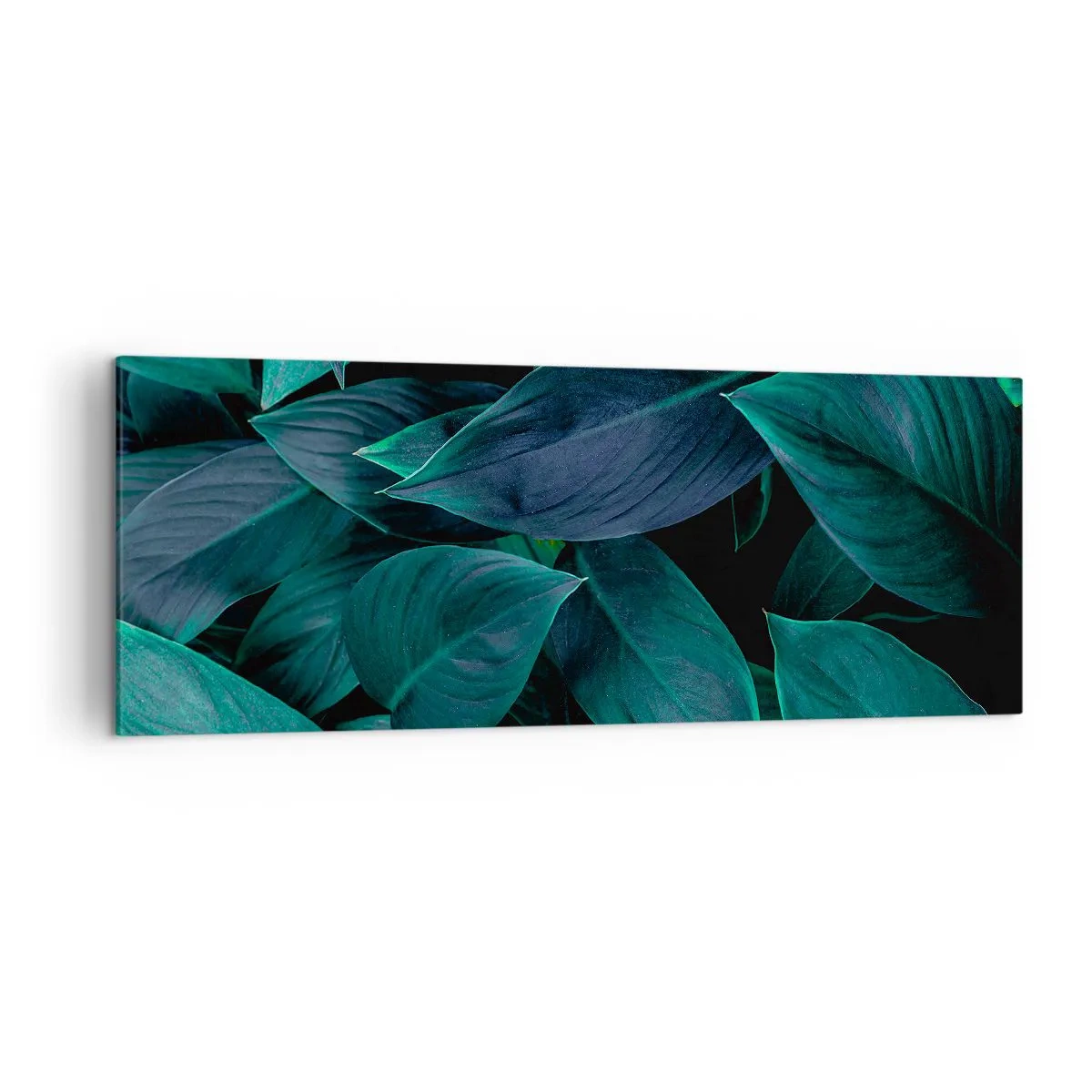 Bild auf Leinwand - Leinwandbild - Nahaufnahme von grünen Blättern mit dunklem Hintergrund - 140x50cm - Grün in sich selbst - Moderne Wanddekoration für Wohnzimmer und Schlafzimmer ARTTOR