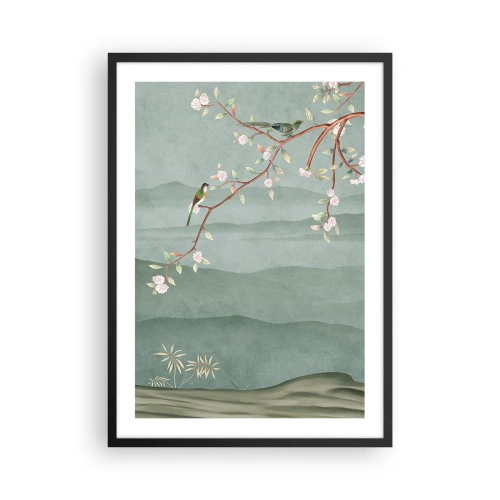 Poster in einem schwarzem Rahmen - Vögel auf einem blühenden Zweig mit Blick auf die Hügel - 50x70cm - Frühling, oh, du bist es - Moderne Wanddekoration für Wohnzimmer und Schlafzimmer ARTTOR