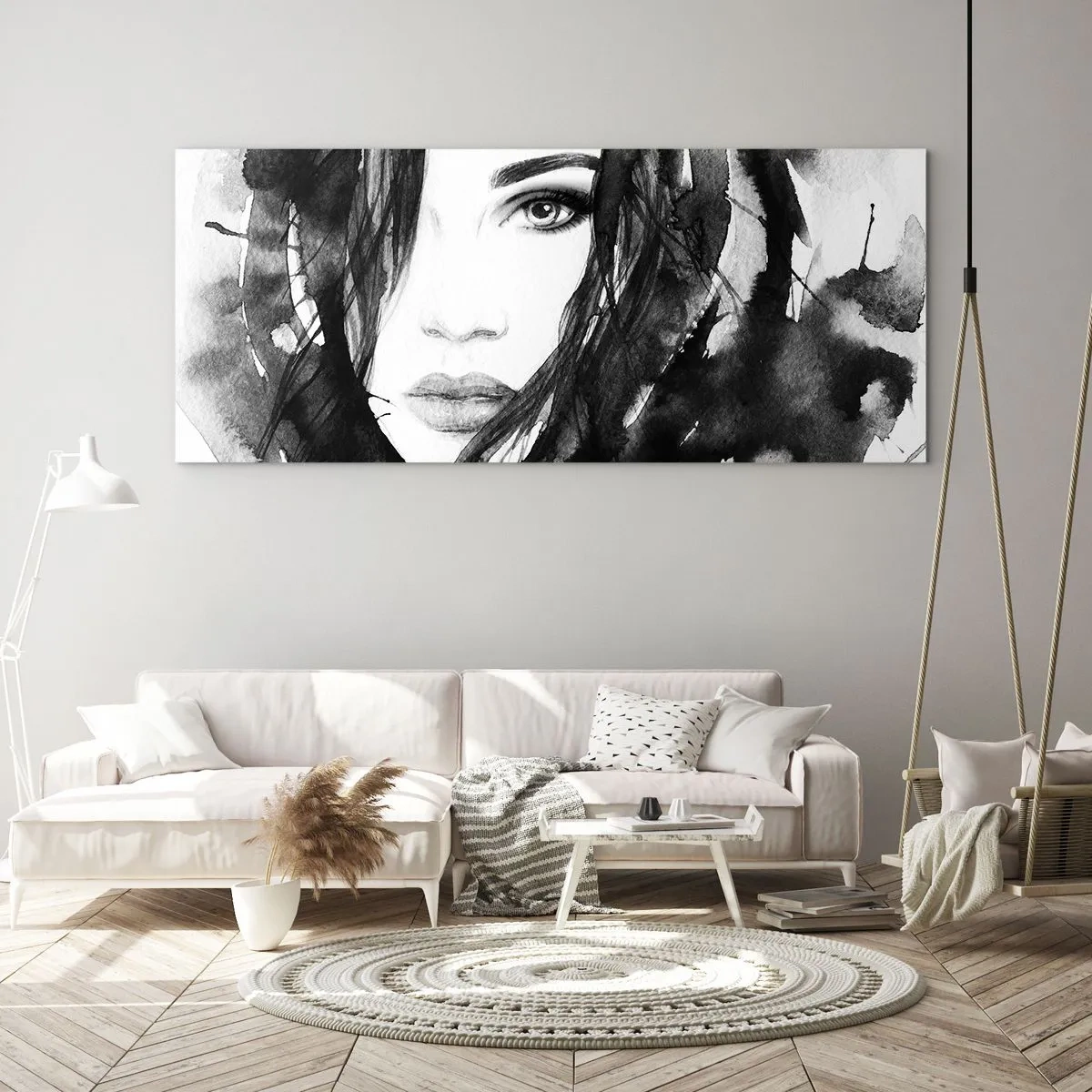 Glasbild - Bild auf glas - Porträt einer Dame in Schwarzweiß - 100x40 cm