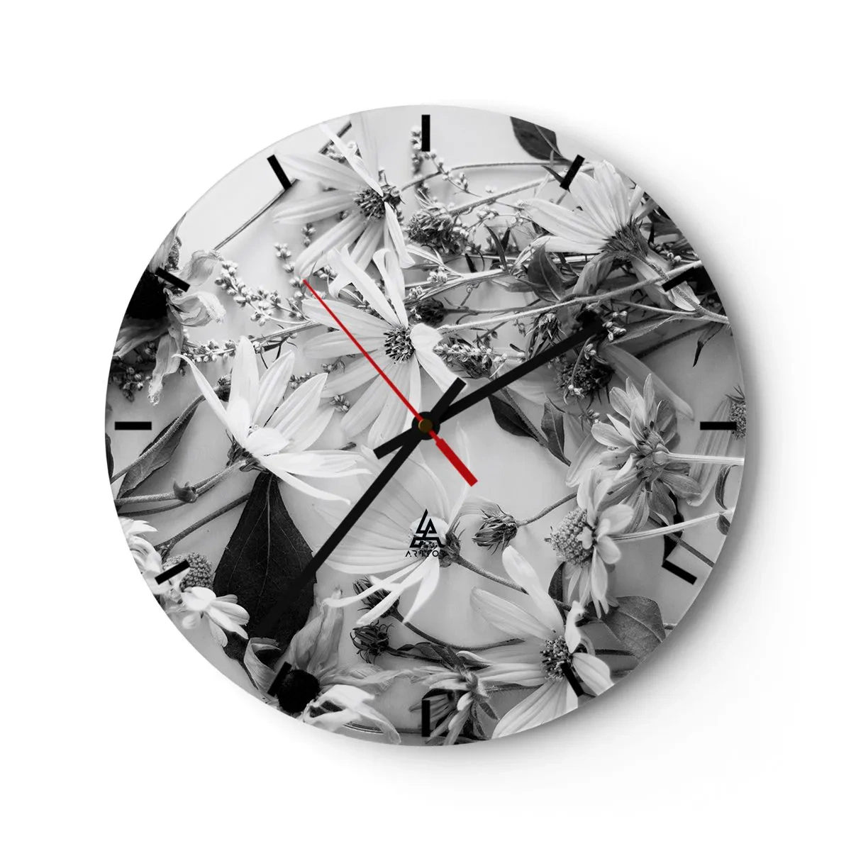 Wanduhr - Glasuhr - Schwarz-weiße Blumen auf hellem Hintergrund in einem lässigen Arrangement verstreut - 30x30cm - Kein Blumenstrauß - Moderne Wanddekoration für Wohnzimmer, Küche und Schlafzimmer ARTTOR