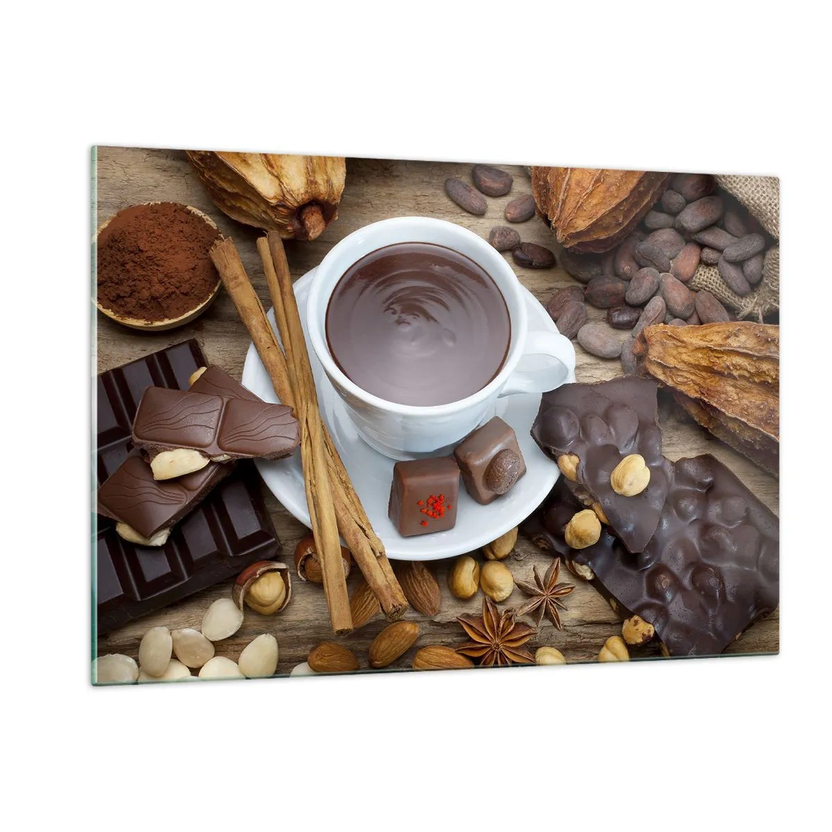 Glasbild - Bild auf glas - Eine Tasse heiße Schokolade mit Toppings auf rustikalem Hintergrund - 120x80cm - Aus einer märchenhaften Schokoladenfabrik - Moderne Wanddekoration für Wohnzimmer und Schlafzimmer ARTTOR