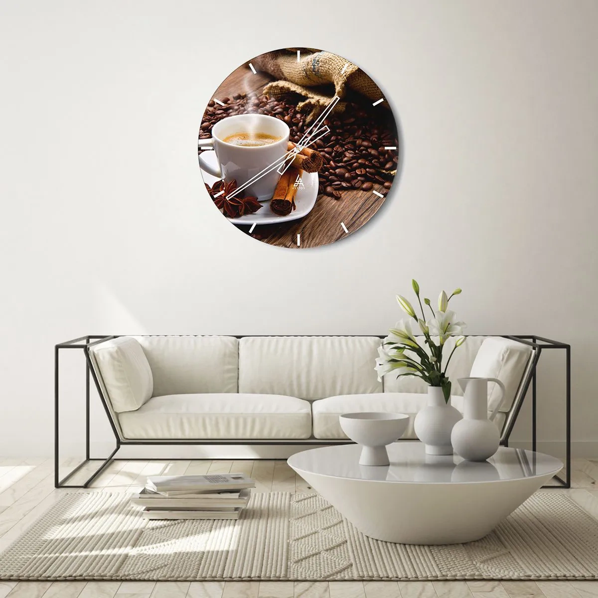 Wanduhr - Glasuhr - Eine Tasse Kaffee mit Gewürzen und Kaffeebohnen - 30x30cm - Würziger Geschmack und Aroma - Moderne Wanddekoration für Wohnzimmer, Küche und Schlafzimmer ARTTOR