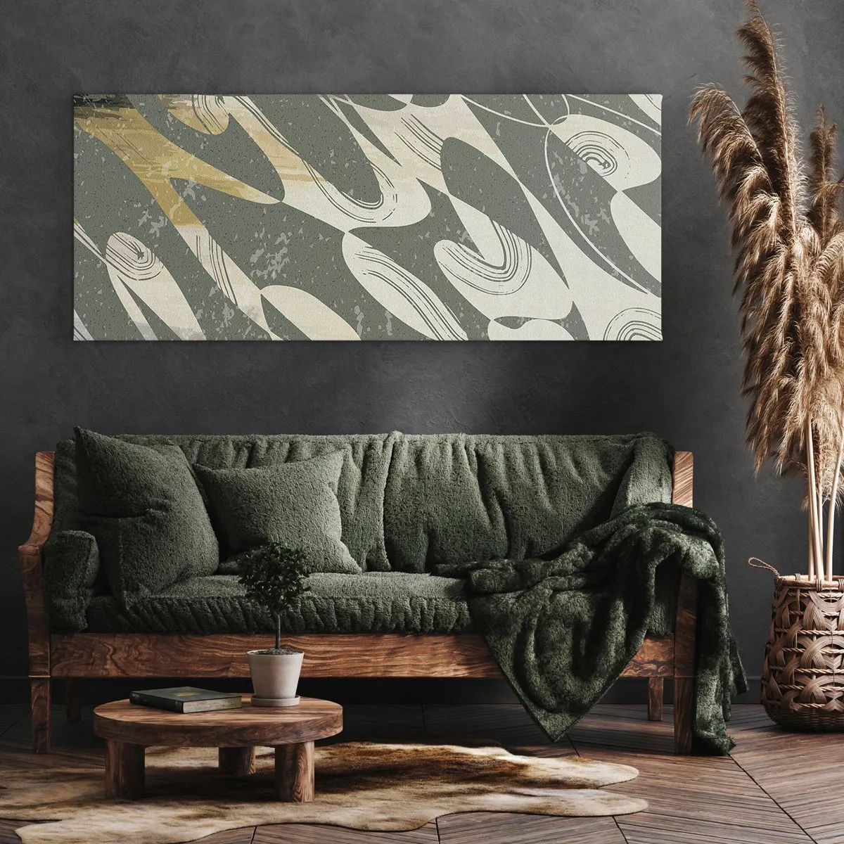 Bild auf Leinwand - Leinwandbild - Dynamische Formen in Grün- und Goldtönen - 140x50cm - Rhythmische Abstraktion - Moderne Wanddekoration für Wohnzimmer und Schlafzimmer ARTTOR