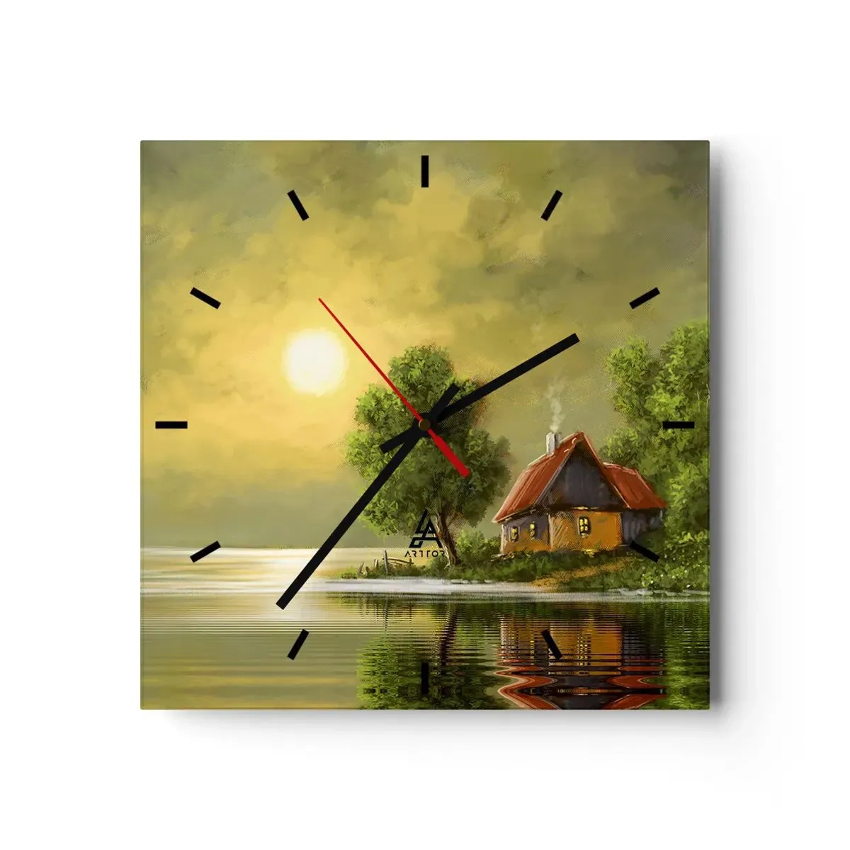 Wanduhr - Glasuhr - Seehaus im Abendlicht - 30x30cm - Schön, wie ein Bild - Moderne Wanddekoration für Wohnzimmer und Schlafzimmer ARTTOR