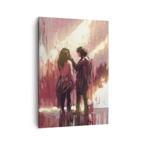 Bild auf Leinwand - Leinwandbild - Ein Paar steht in warmem Licht vor einem Hintergrund aus abstrakten Mustern - 50x70cm - Das ewige Schauspiel der Liebe - Moderne Wanddekoration für Wohnzimmer und Schlafzimmer ARTTOR