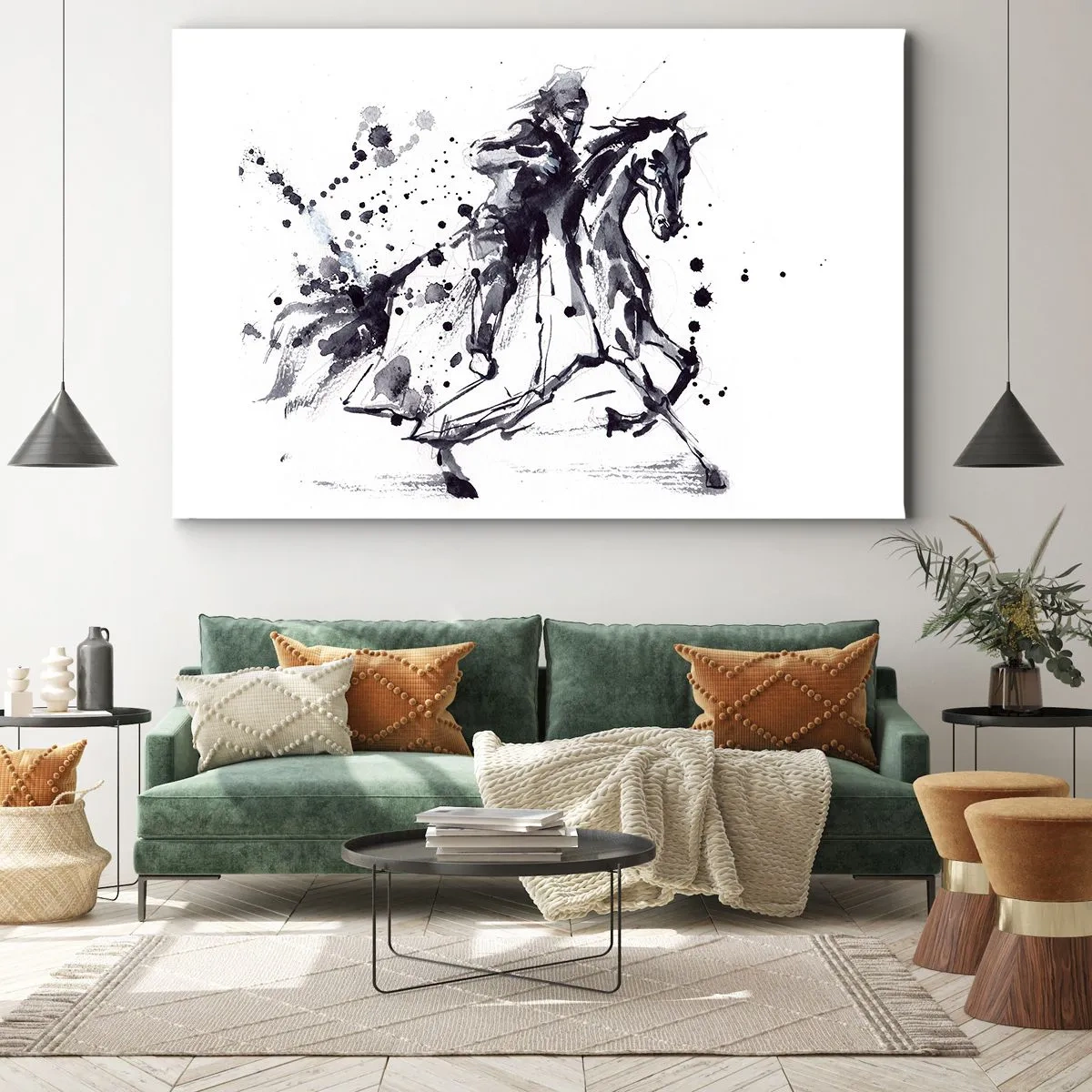 Bild auf Leinwand - Leinwandbild - Schwarz-weißes Aquarell eines Reiters auf einem galoppierenden Pferd - 120x80cm - Schwarzer Ritter - Moderne Wanddekoration für Wohnzimmer und Schlafzimmer ARTTOR