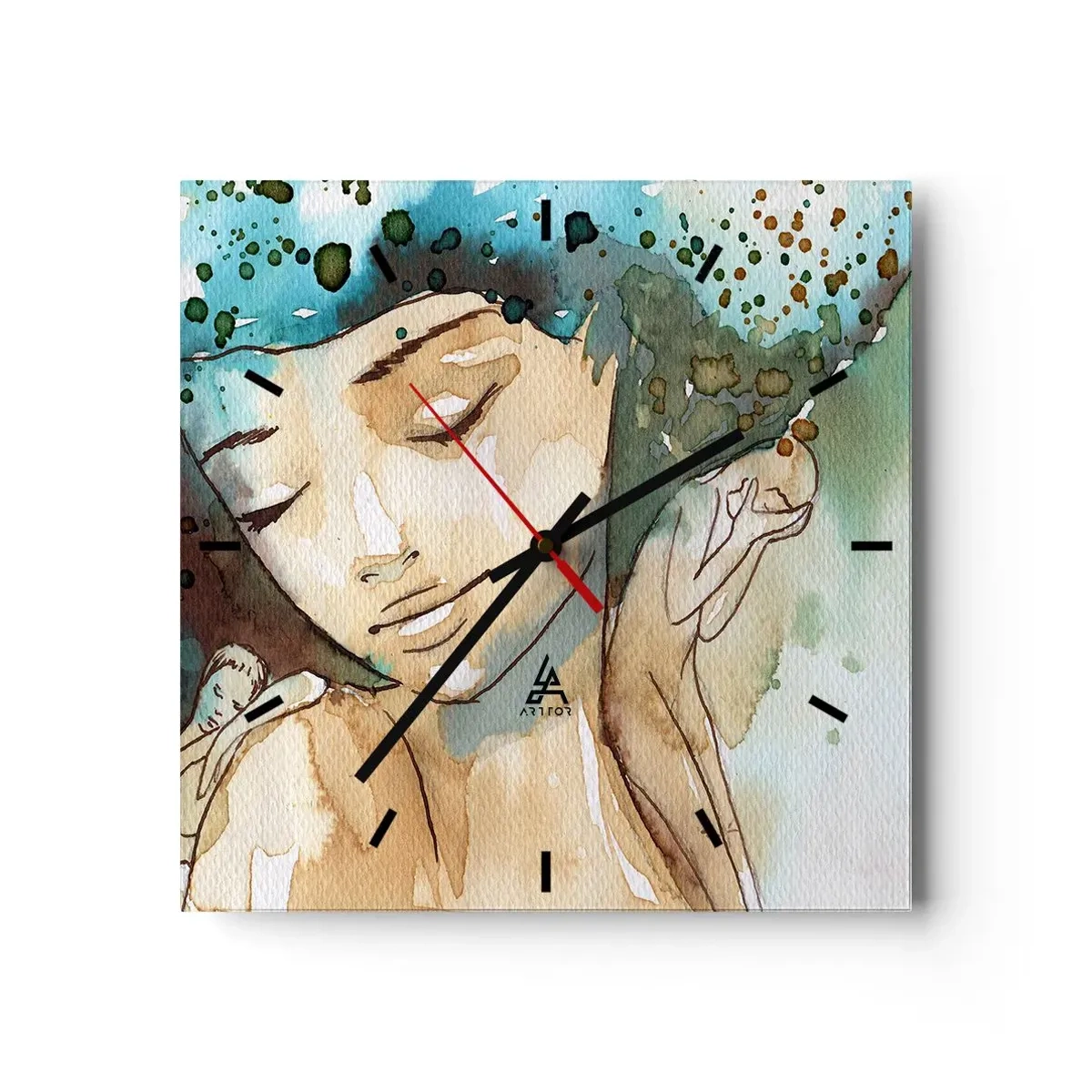 Wanduhr - Glasuhr - Porträt einer Frau in zarten Aquarellfarben - 30x30cm - Dame in Blau - Moderne Wanddekoration für Wohnzimmer und Schlafzimmer ARTTOR
