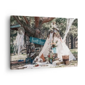 Bild auf Leinwand - Leinwandbild - Boho-Dekoration mit einem Tipi im Wald - 70x50cm - Liebe machen ... - Moderne Wanddekoration für Wohnzimmer und Schlafzimmer ARTTOR