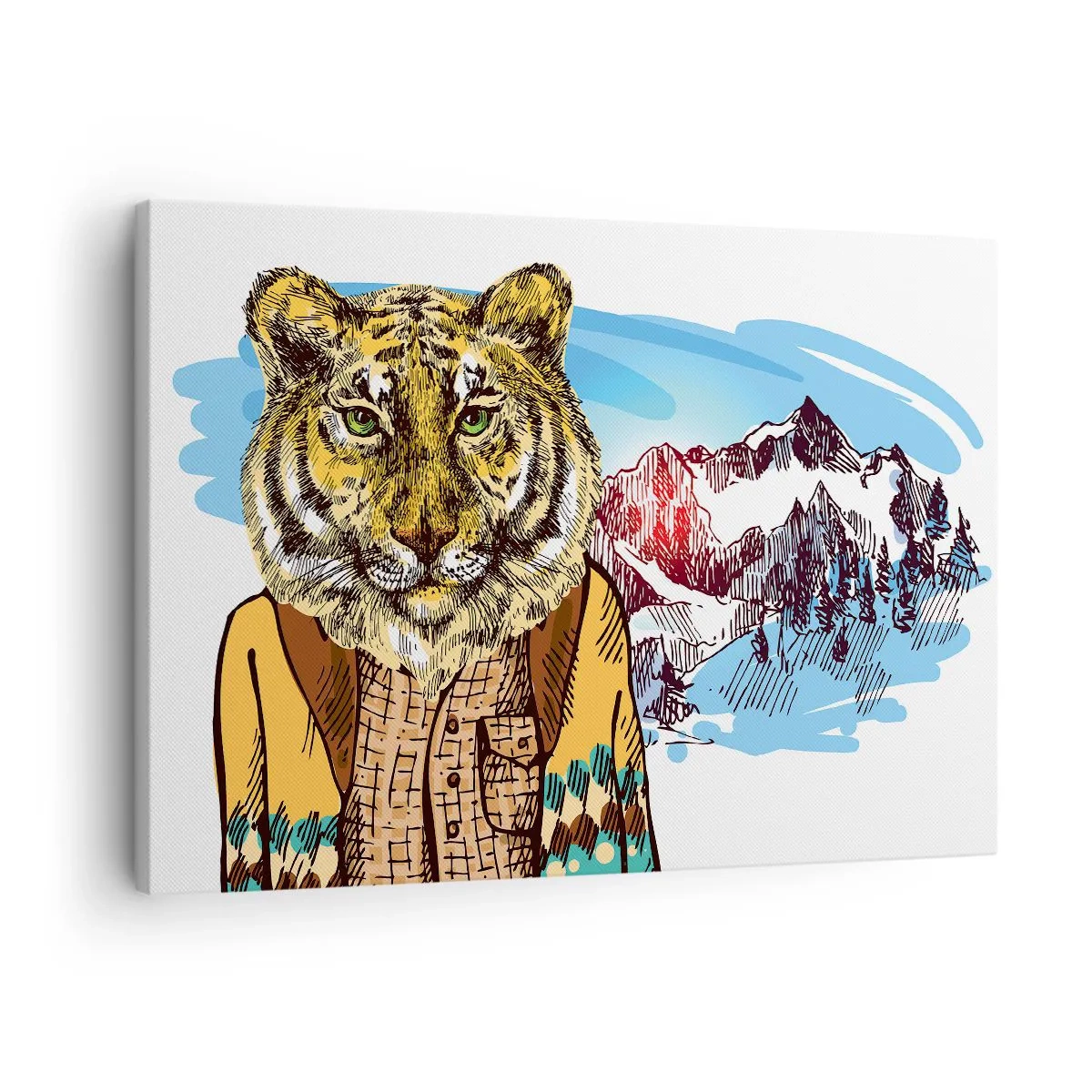 Bild auf Leinwand - Leinwandbild - Ein Tiger im Mantel vor einer Berglandschaft - 70x50cm - Nicht so wild, wie sie ihn zeichnen - Moderne Wanddekoration für Wohnzimmer und Schlafzimmer ARTTOR