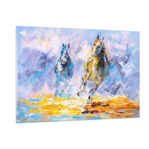 Glasbild - Bild auf glas - Zwei Pferde galoppieren im künstlerischen Stil durchs Wasser - 120x80cm - Galopp durch die Blendung - Moderne Wanddekoration für Wohnzimmer und Schlafzimmer ARTTOR