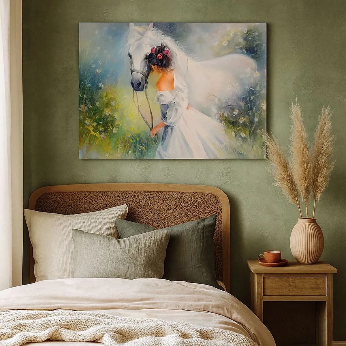 Bild auf Leinwand - Leinwandbild - Eine Frau mit einem weißen Pferd in einer malerischen Umgebung - 70x50cm - Wie aus einem schönen Traum - Moderne Wanddekoration für Wohnzimmer und Schlafzimmer ARTTOR