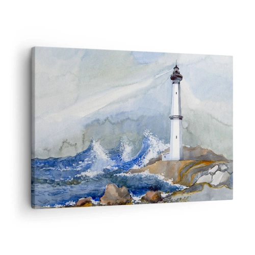 Bild auf Leinwand - Leinwandbild - Ein Leuchtturm an einer felsigen Küste mit rauer See - 70x50cm - Gegen die Dunkelheit und den Sturm - Moderne Wanddekoration für Wohnzimmer und Schlafzimmer ARTTOR