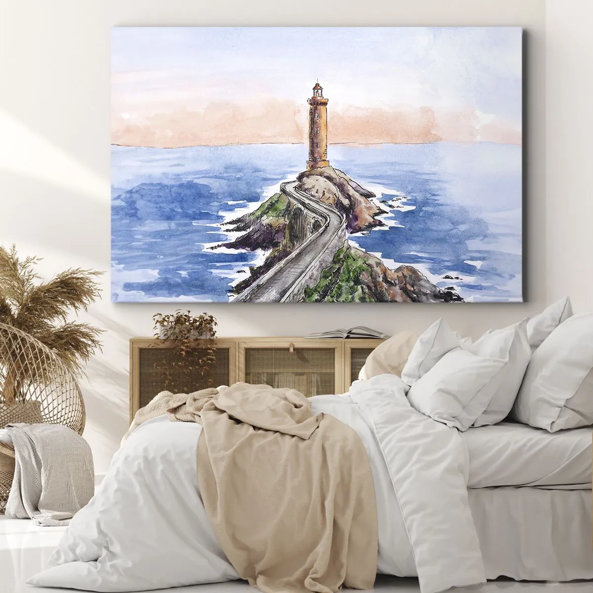 Bild auf Leinwand - Leinwandbild - Ein Leuchtturm an einer felsigen Küste - 70x50cm - Dem Meer zugewandt - Moderne Wanddekoration für Wohnzimmer und Schlafzimmer ARTTOR