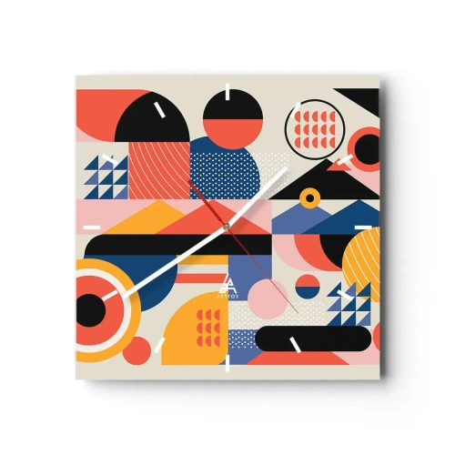 Wanduhr - Glasuhr - Bunte geometrische Formen im Retro-Stil - 30x30cm - Komposition: Na, los, spiel! - Moderne Wanddekoration für Wohnzimmer und Schlafzimmer ARTTOR