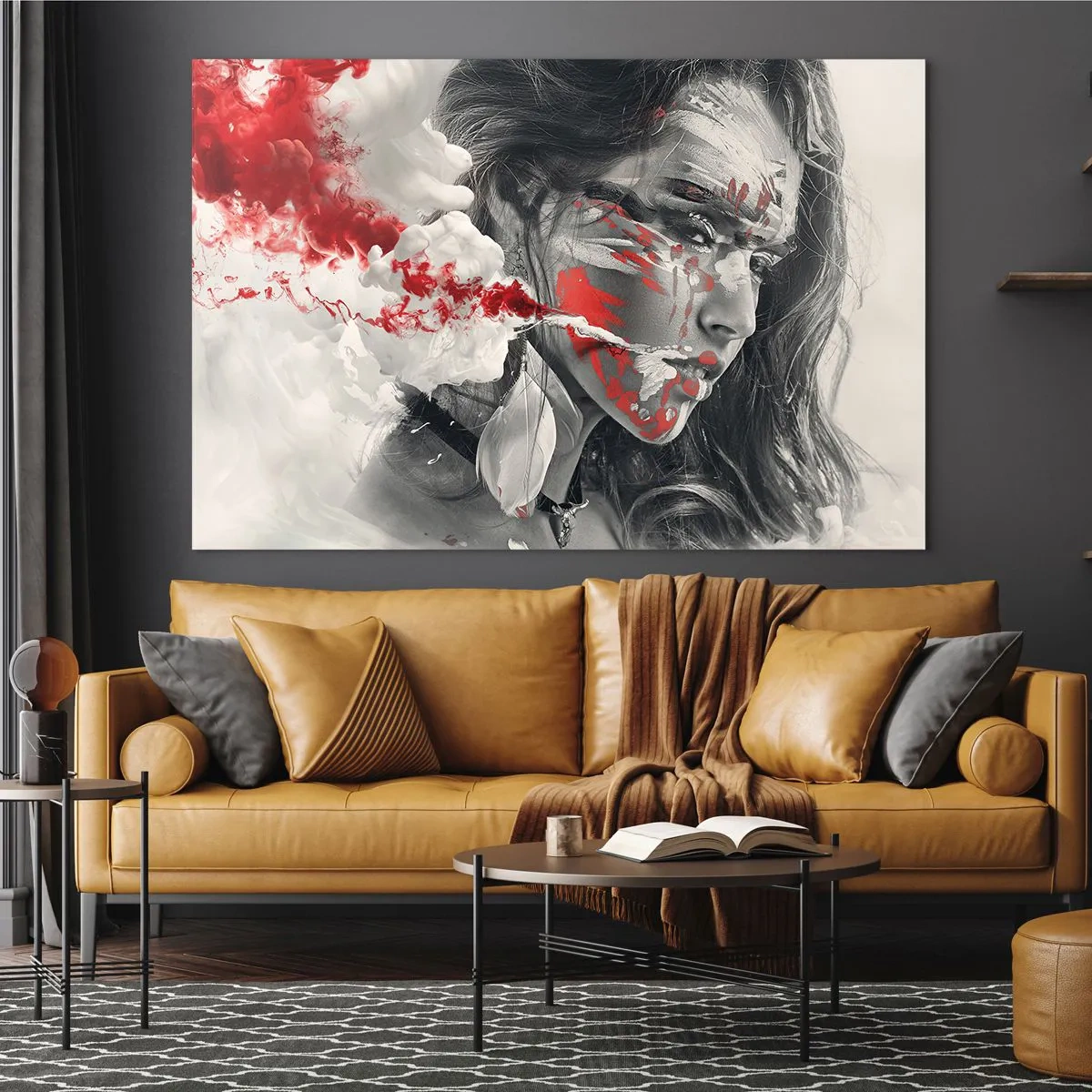 Glasbild - Bild auf glas - Porträt einer Frau mit abstrakten rot-weißen Mustern - 120x80cm - Im Dunst der Absurdität - Moderne Wanddekoration für Wohnzimmer und Schlafzimmer ARTTOR