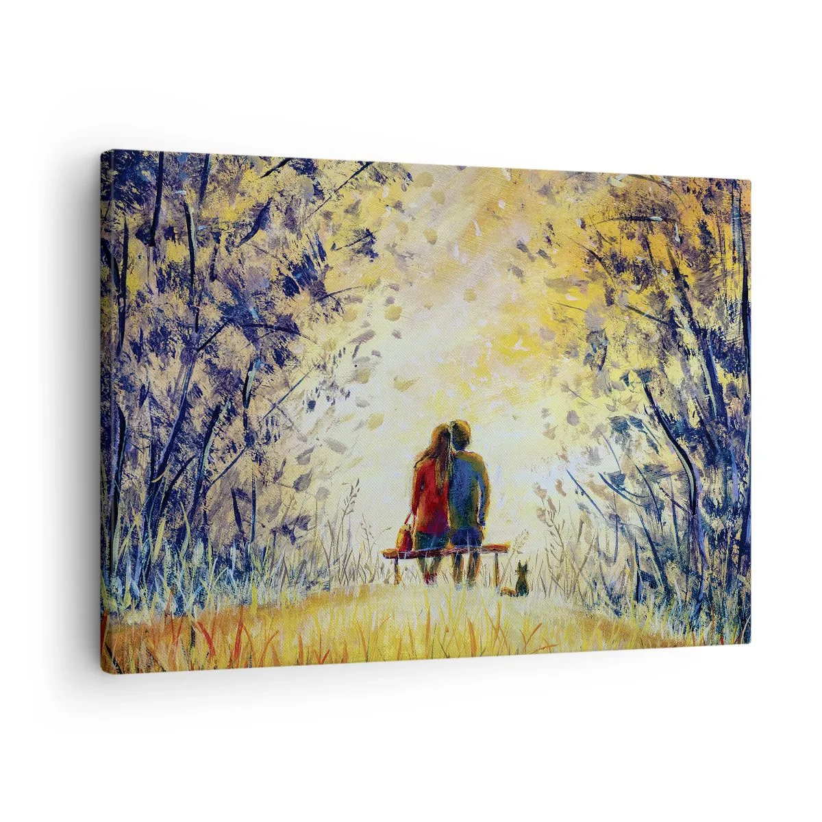 Bild auf Leinwand - Leinwandbild - Ein Paar sitzt auf einer Bank zwischen herbstlichen Bäumen im Sonnenlicht - 70x50cm - Magischer Augenblick - Moderne Wanddekoration für Wohnzimmer und Schlafzimmer ARTTOR
