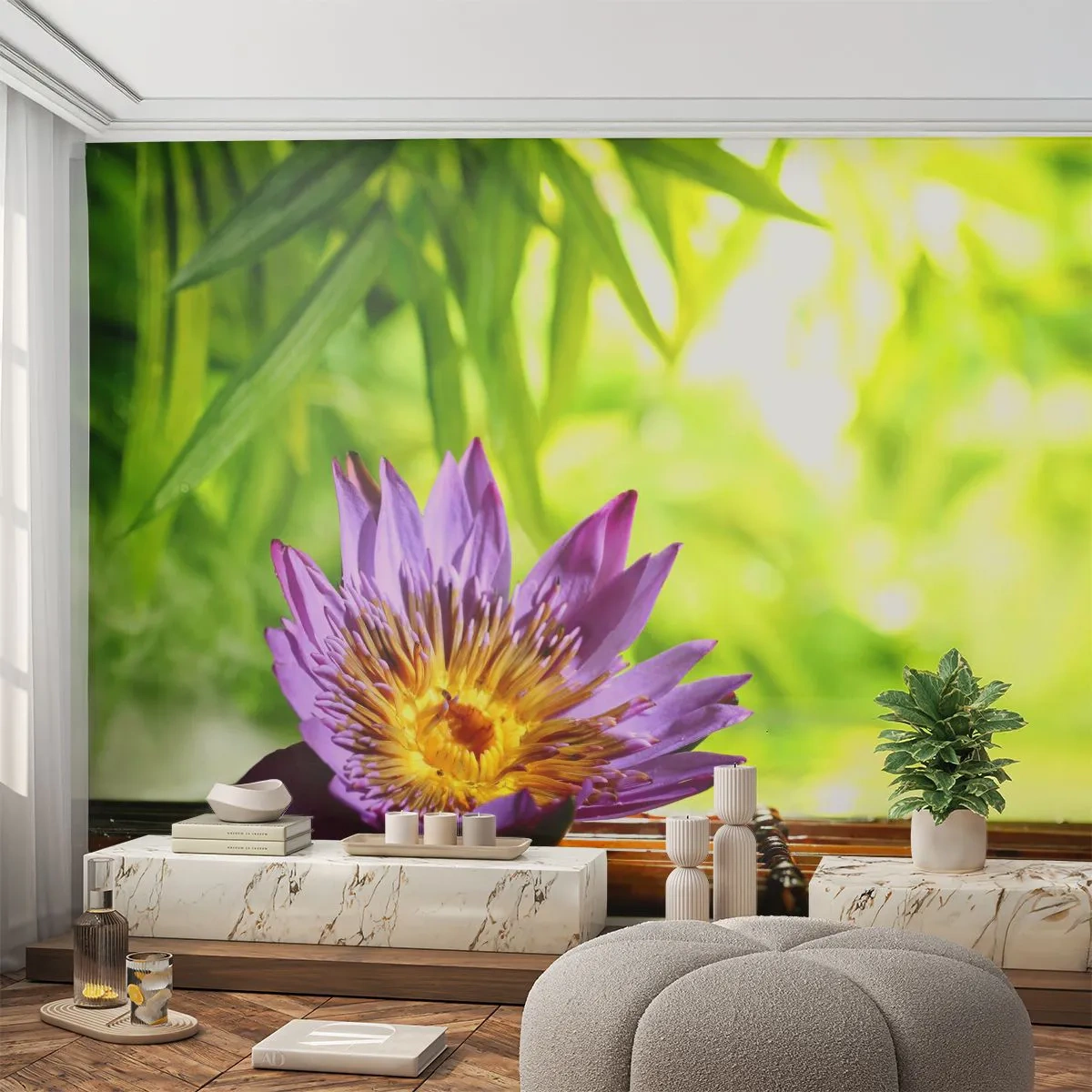 Fototapete Standard Eco - In der asiatischen Sonne - Blume, Lotus Blume, Bambus - 350x256 cm
