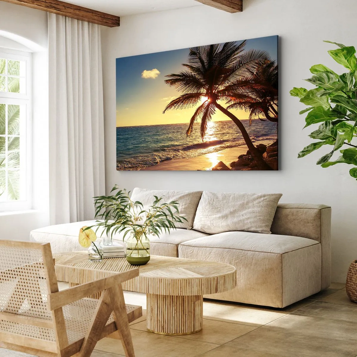 Bild auf Leinwand - Leinwandbild - Tropischer Sonnenuntergang über einem Strand mit Palmen - 70x50cm - Sommer unter Palmen - Moderne Wanddekoration für Wohnzimmer und Schlafzimmer ARTTOR