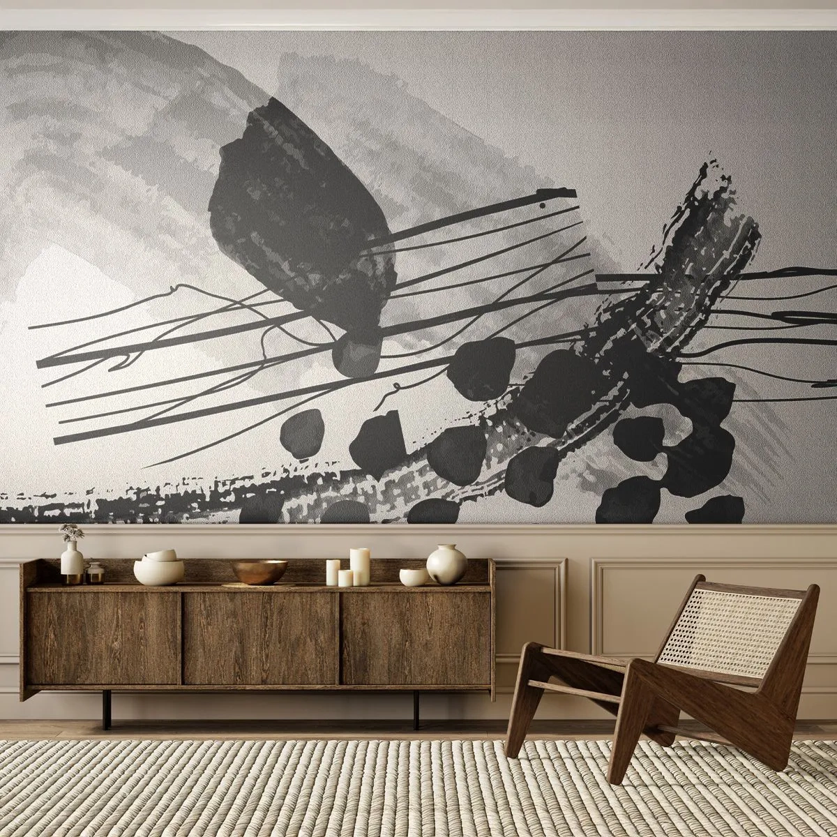 Fototapete Premium Sand - Schwarz-Weiß-Abstraktion mit organischen Linien und Flecken - 100x70cm - Organische Schwarz-Weiß-Abstraktion - Moderne Wanddekoration für Wohnzimmer und Schlafzimmer ARTTOR
