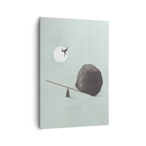 Bild auf Leinwand - Leinwandbild - Eine symbolische Szene mit einer Figur und einem Gleichgewicht vor einem hellen Himmel. - 70x100cm - Erfüllte Träume - Moderne Wanddekoration für Wohnzimmer und Schlafzimmer ARTTOR