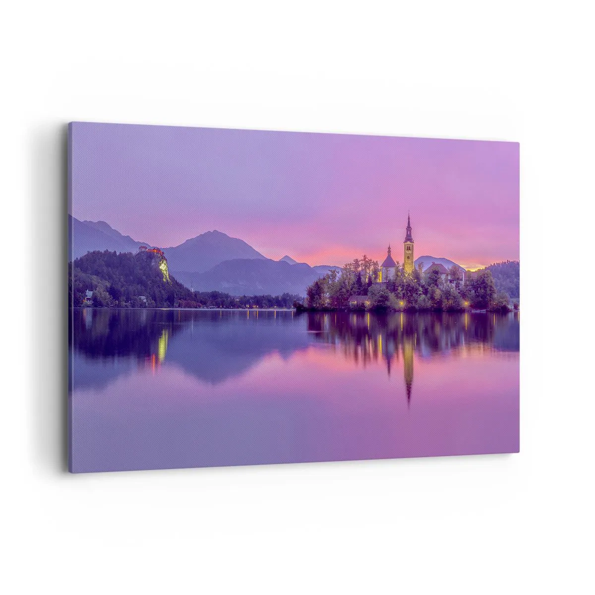 Bild auf Leinwand - Leinwandbild - See mit einer Insel und einer Kirche bei Sonnenuntergang - 120x80cm - Eine märchenhafte Insel in der Abenddämmerung - Moderne Wanddekoration für Wohnzimmer und Schlafzimmer ARTTOR