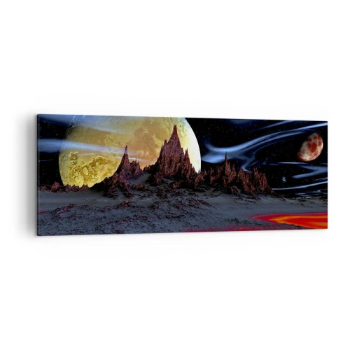 Bild auf Leinwand - Leinwandbild - Eine fantastische Landschaft mit Planeten und Vulkanen - 140x50cm - Unbekannte Welt - Moderne Wanddekoration für Wohnzimmer und Schlafzimmer ARTTOR