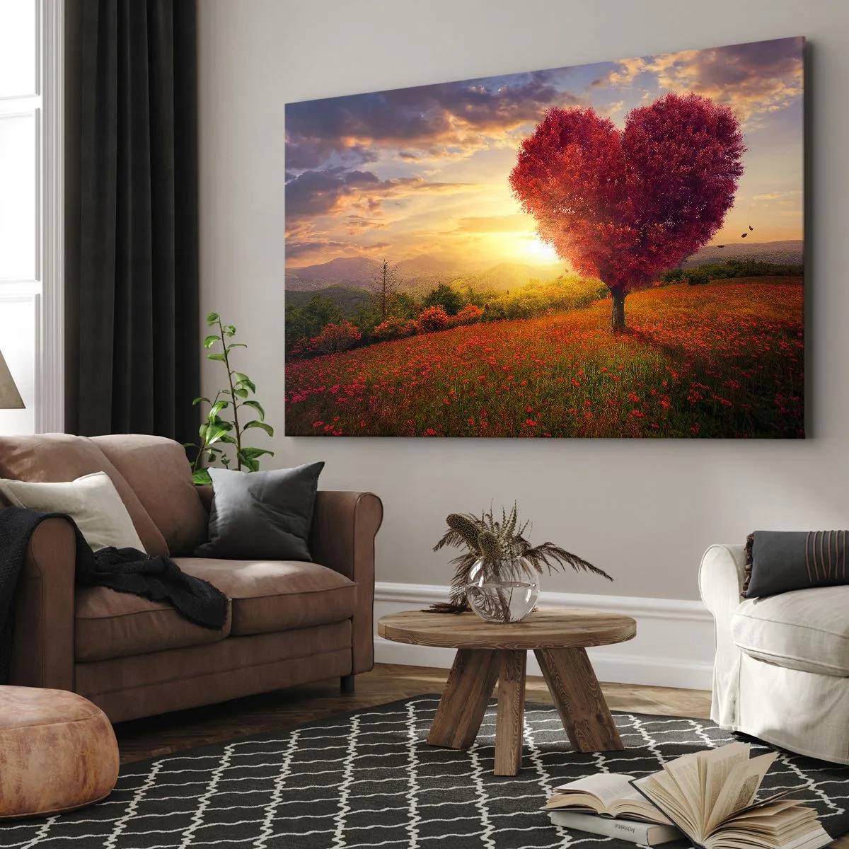 Bild auf Leinwand - Leinwandbild - Herzförmiger Baum bei Sonnenuntergang - 100x70cm - Berührt das Herz - Moderne Wanddekoration für Wohnzimmer und Schlafzimmer ARTTOR