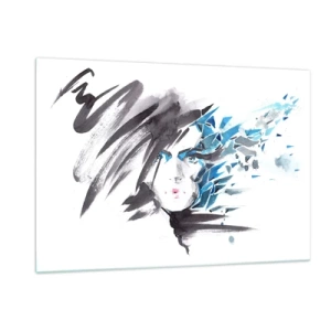 Glasbild - Bild auf glas - Porträt einer Frau mit abstrakten blauen Akzenten - 120x80cm - Sinnliches Portrait in Grau und Blau - Moderne Wanddekoration für Wohnzimmer und Schlafzimmer ARTTOR