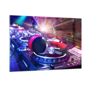 Glasbild - Bild auf glas - DJ-Equipment mit farbigen Lichtern und Kopfhörern - 120x80cm - Es wird, es wird passieren - Moderne Wanddekoration für Wohnzimmer und Schlafzimmer ARTTOR