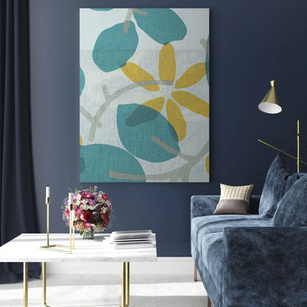 Glasbild - Bild auf glas - Blätter in Türkis- und Gelbtönen auf hellem Hintergrund - 80x120cm - Unter den azurblauen Blättern - Moderne Wanddekoration für Wohnzimmer und Schlafzimmer ARTTOR