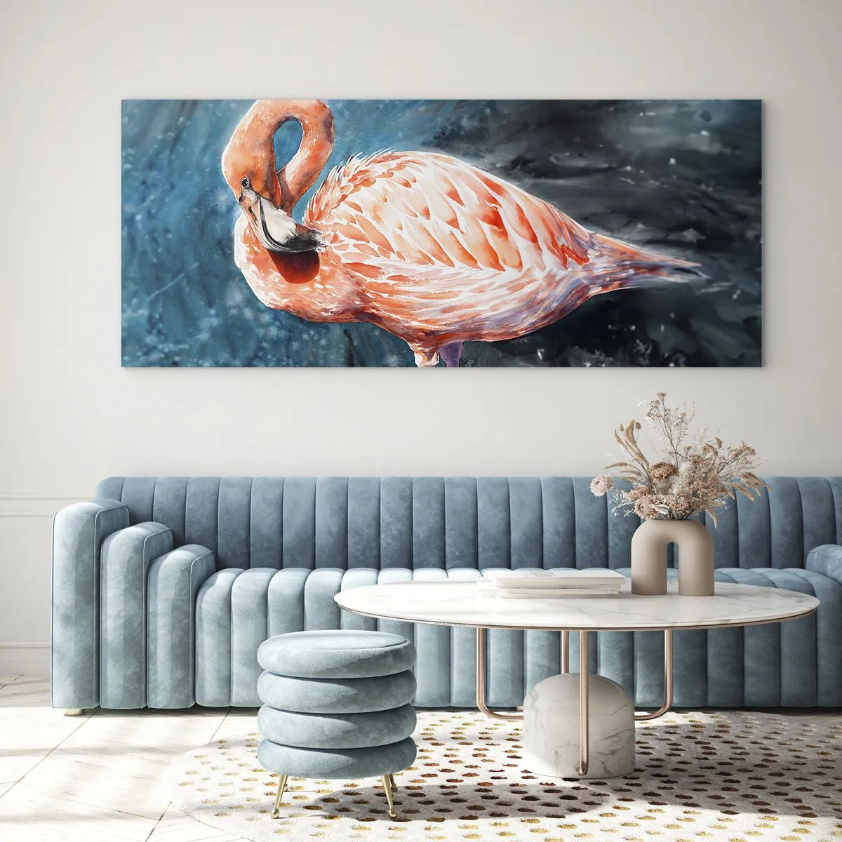 Glasbild - Bild auf glas - Ein rosa Flamingo auf einem aquarellblauen Hintergrund - 160x50cm - Von Natur aus dekorativ - Moderne Wanddekoration für Wohnzimmer und Schlafzimmer ARTTOR