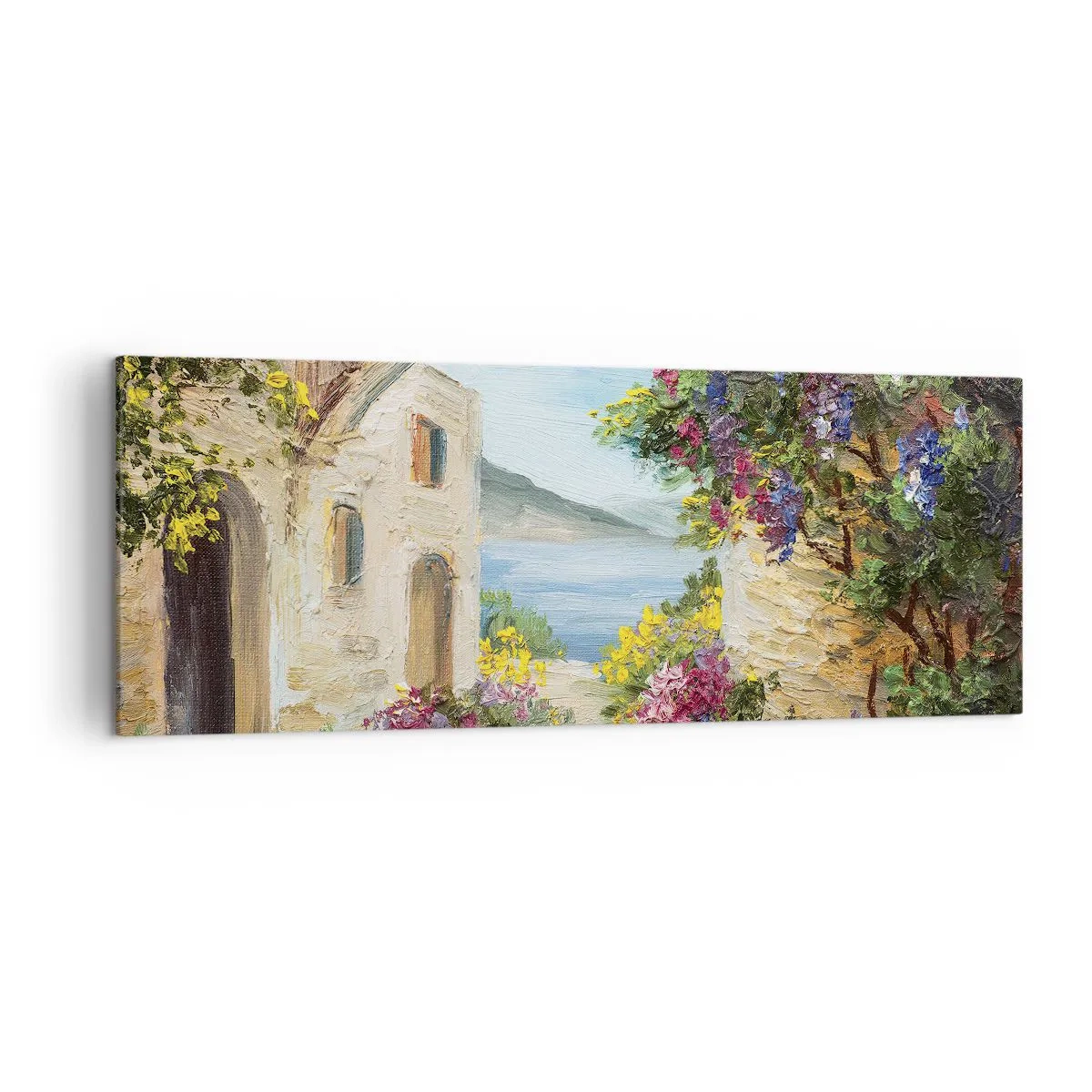 Bild auf Leinwand - Leinwandbild - Küstenlandschaft mit Steingebäuden und Blumen - 140x50cm - Charme einer Küstenprovinz - Moderne Wanddekoration für Wohnzimmer und Schlafzimmer ARTTOR