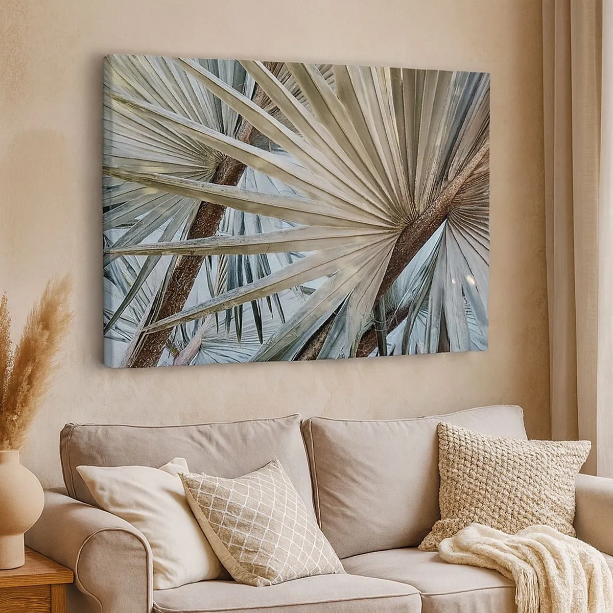Bild auf Leinwand - Leinwandbild - Nahaufnahme von Palmblättern in natürlichen Grüntönen - 70x50cm - Fans in den Tropen - Moderne Wanddekoration für Wohnzimmer und Schlafzimmer ARTTOR