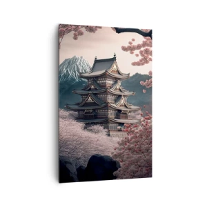 Bild auf Leinwand - Leinwandbild - Ein japanischer Tempel, umgeben von Kirschblüten und Bergen - 80x120cm - Land der Kirschblüten - Moderne Wanddekoration für Wohnzimmer und Schlafzimmer ARTTOR