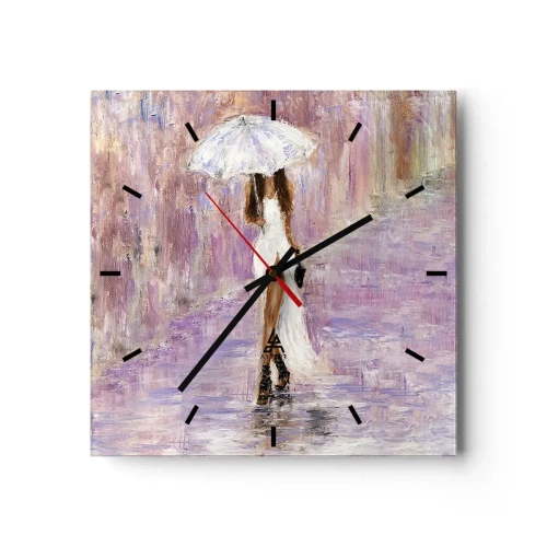 Wanduhr - Glasuhr - Eine Frau mit einem Regenschirm, die im Regen in Fliedertönen läuft - 30x30cm - Im lila Regen - Moderne Wanddekoration für Wohnzimmer und Schlafzimmer ARTTOR