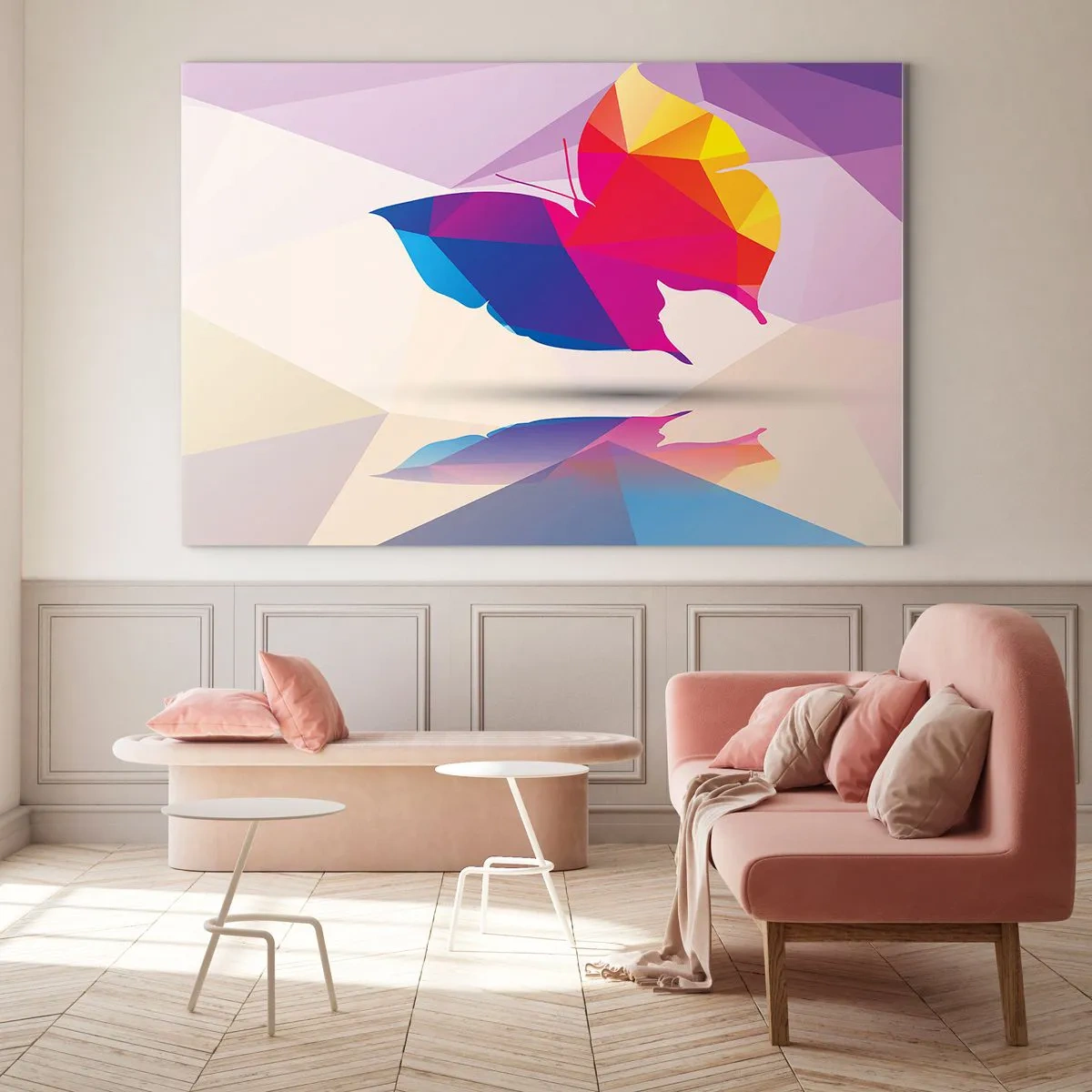 Glasbild - Bild auf glas - Geometrischer Schmetterling in leuchtend bunter Abstraktion - 100x70cm - Regenbogenschmetterling - Moderne Wanddekoration für Wohnzimmer und Schlafzimmer ARTTOR