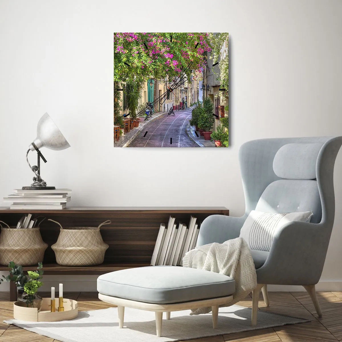 Wanduhr - Glasuhr - Blühende Gasse - 30x30 cm