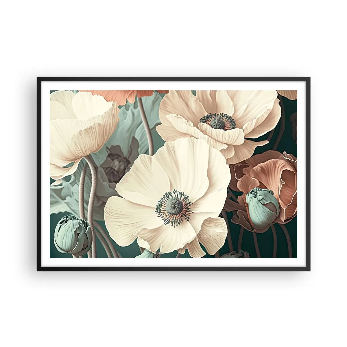Poster in einem schwarzem Rahmen - Elegante Blumen in Pastelltönen auf grünem Hintergrund - 100x70cm - Flüstern von Mohnblumen - Moderne Wanddekoration für Wohnzimmer und Schlafzimmer ARTTOR