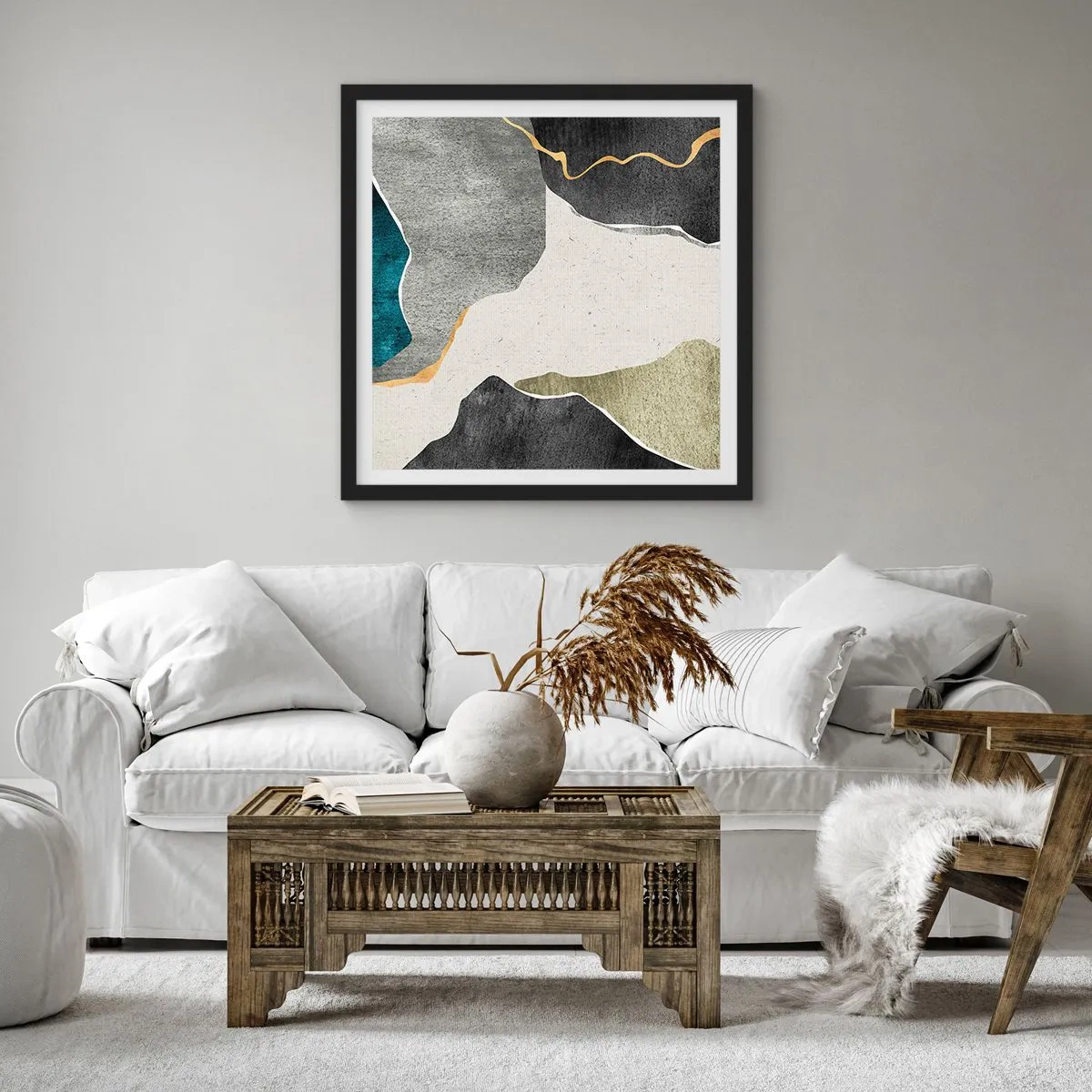 Poster in einem schwarzem Rahmen - Mosaikkomposition mit Goldfaden - 60x60 cm