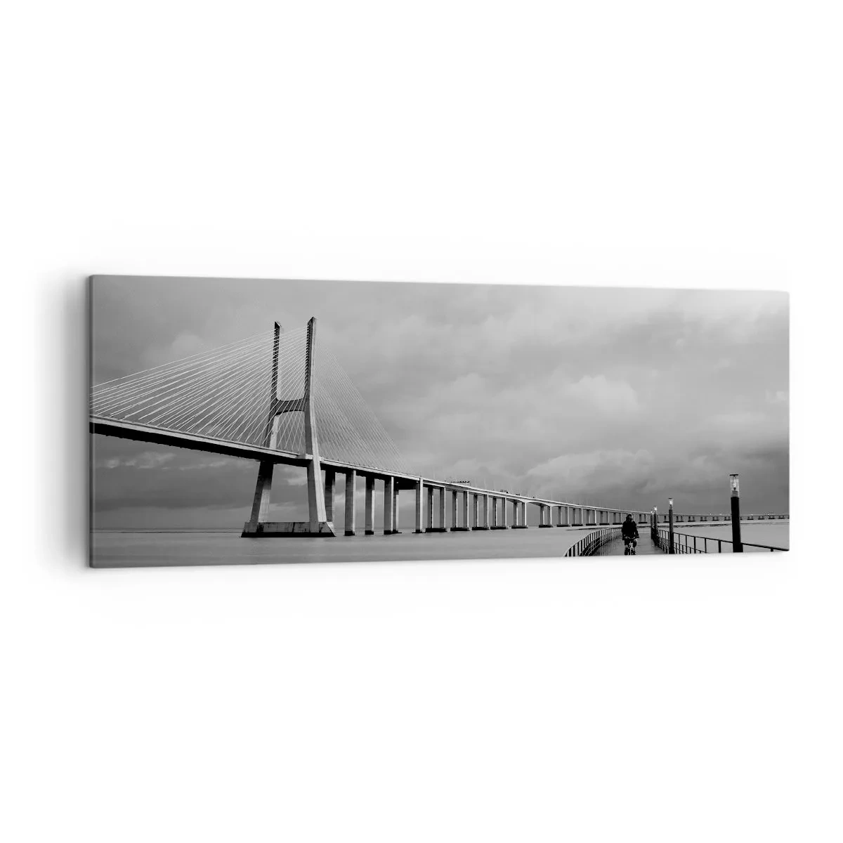 Bild auf Leinwand - Leinwandbild - Eine Hängebrücke über dem Wasser in Schwarz und Weiß - 140x50cm - Jedem das Verdiente - Moderne Wanddekoration für Wohnzimmer und Schlafzimmer ARTTOR