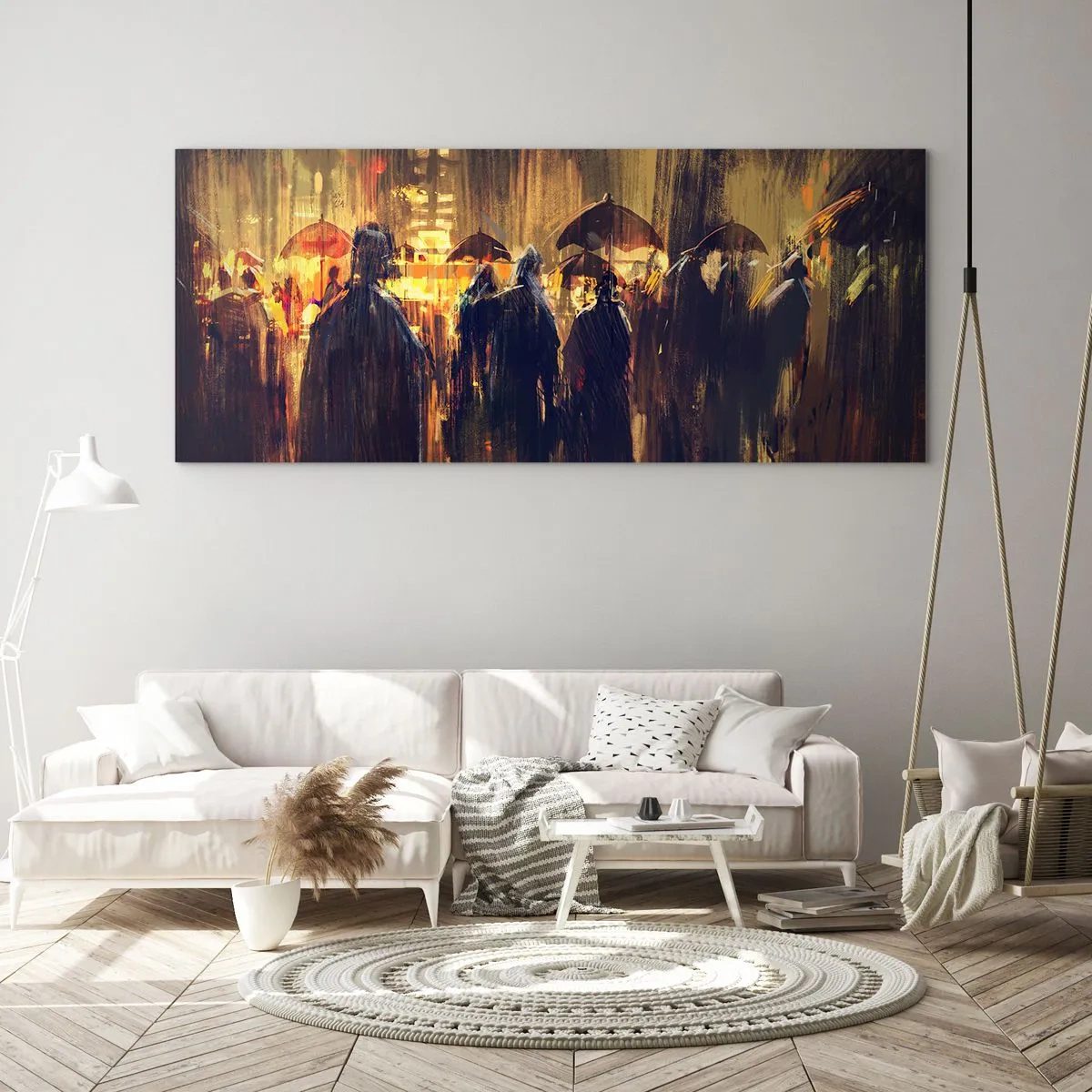 Glasbild - Bild auf glas - Figuren mit Regenschirmen in einer verregneten Stadt bei Nacht - 160x50cm - Anhänger des Regens - Moderne Wanddekoration für Wohnzimmer und Schlafzimmer ARTTOR