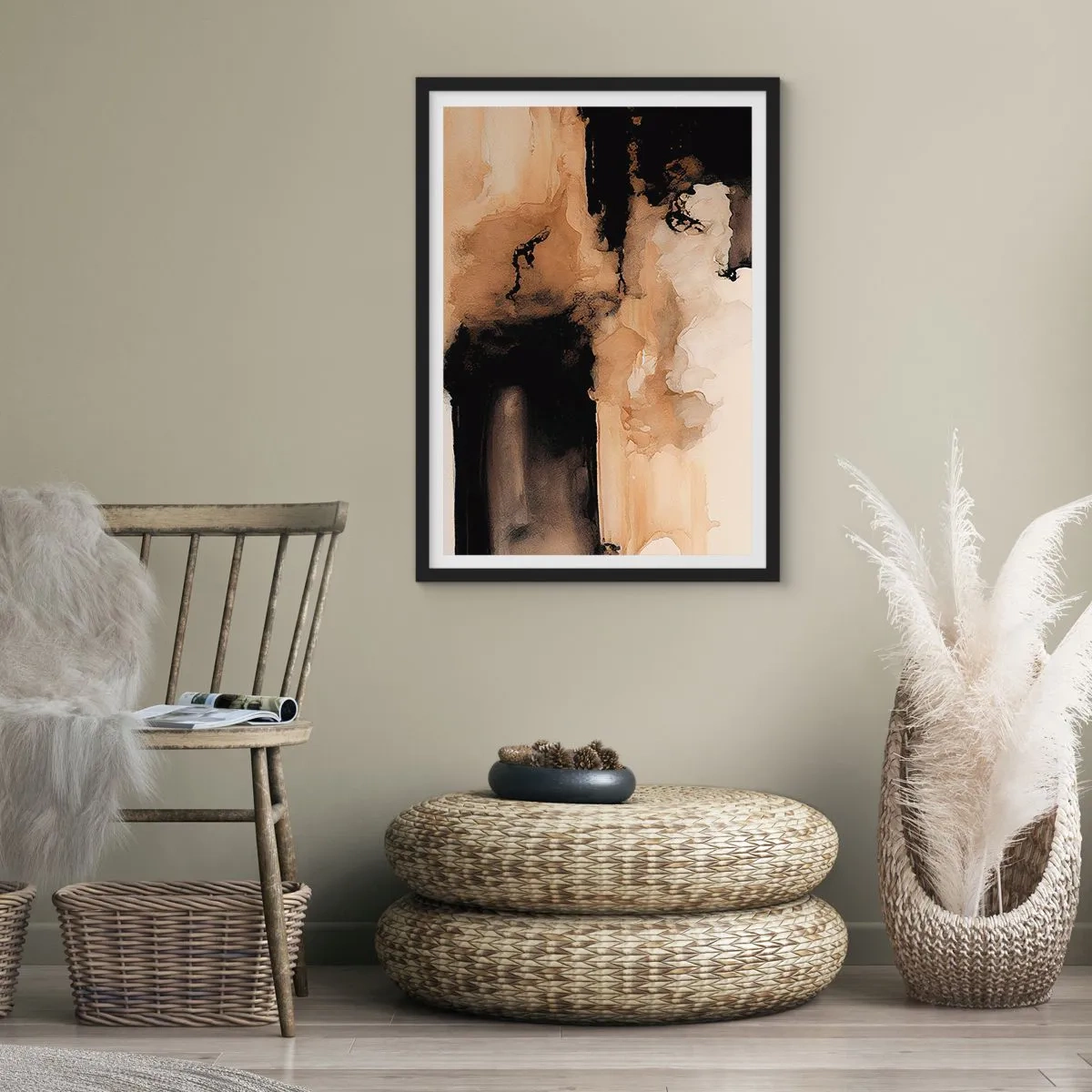Poster in einem schwarzem Rahmen - Eine abstrakte Komposition in warmen Brauntönen. - 50x70cm - Faszinierende Abstraktion - Moderne Wanddekoration für Wohnzimmer und Schlafzimmer ARTTOR